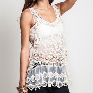 Umgee Cream Sheer Lace Mesh Racerback Tank Top